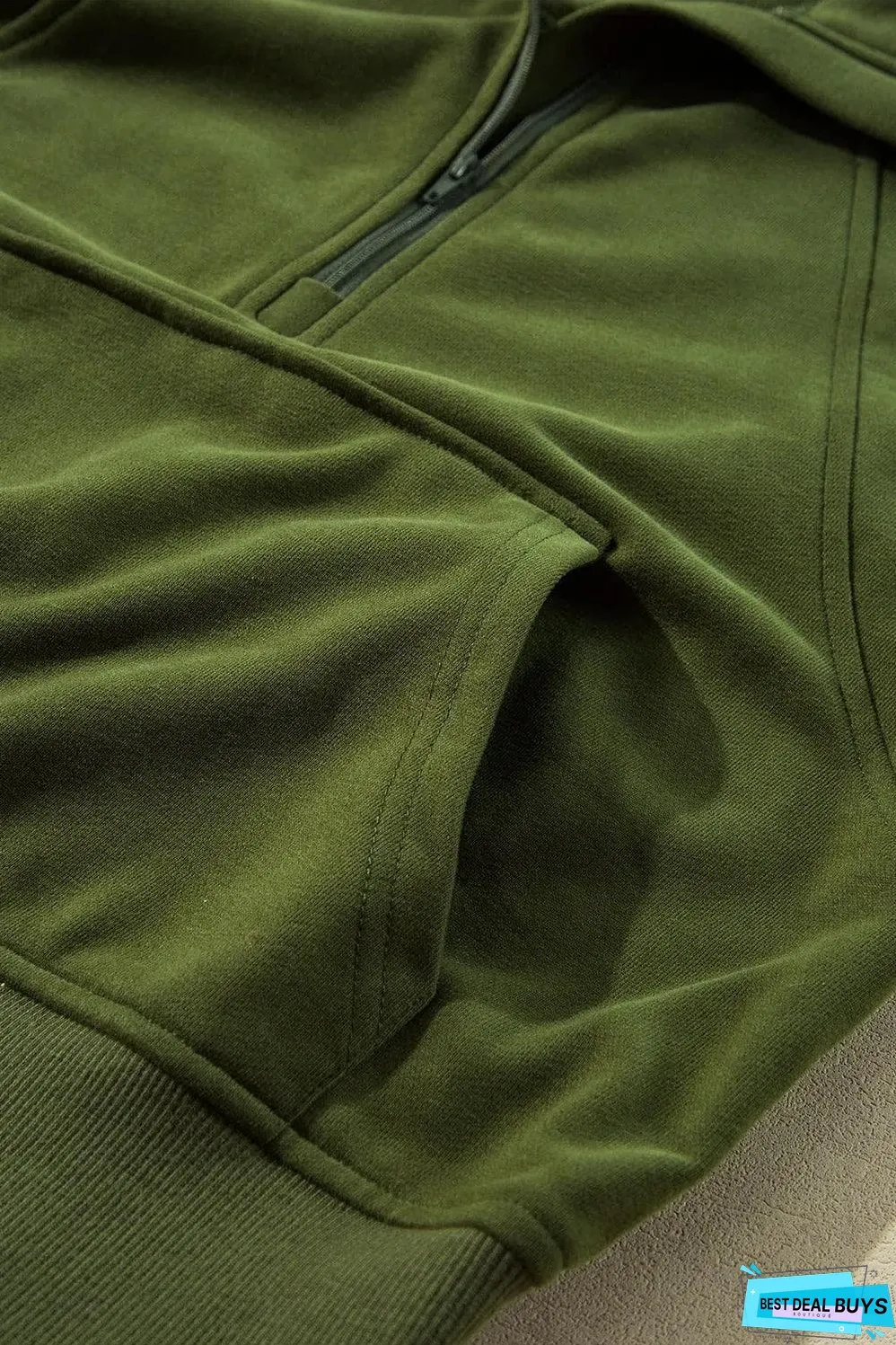 Moss Green Quarter Zip Stand Neck Kangaroo Pocket Sweatshirt