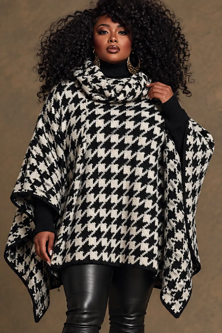 Xpluswear Design Plus Size Daily Black Houndstooth High Collar Long Sleeve Crochet Sweaters [Pre-Order] 2024 - Xpluswear
