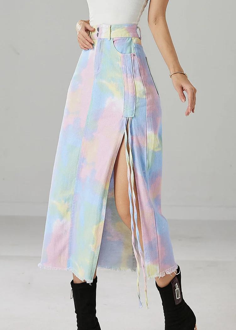 Style Rainbow Tie Dye Side Open Cotton Skirts Fall