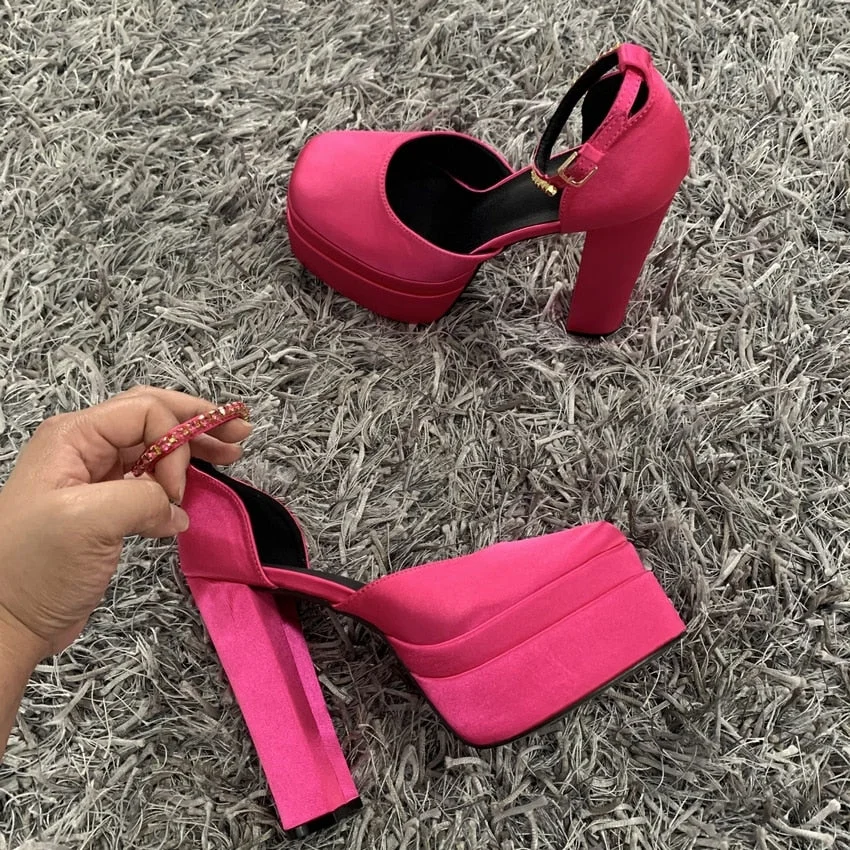 2022 Brand Fashion Women Pumps Sexy Chunky High Heels Sandals Platform Dress Shoes Party Wedding Shoes Woman Buckle Rhinestone