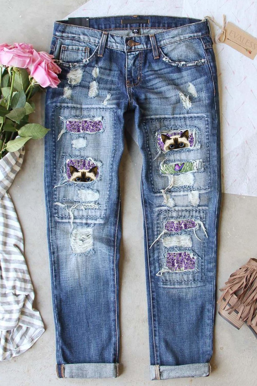 Cat Lavender Patchwork Ripped Jeans
