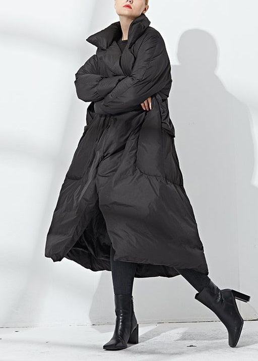 VCSHOES Loose Black Tie Waist Pockets Duck Down Long Down Coat Winter
