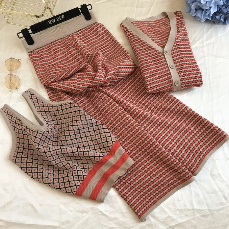 New 3 PCS Sets Striped Cardigan Jacket + Suspender Vest + Side Slit Skinny Broad-legged Pants Women Early Autumn Outfit