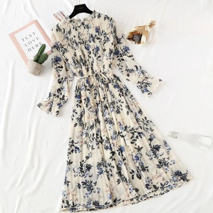 2020 Elegant Women Print Chiffon Dress Long sleeve Lotus leaf collar Pleated Dress Female Casual Midi Dresses vestidos mujer