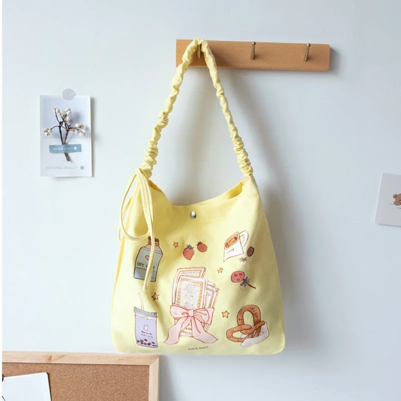 Cute Wallet Shoulder Bags Tote Bags 2021 High Quality Fashion Sweet Japanese Style Cartoon Pleated Bow Women Shopper Canvas Bags