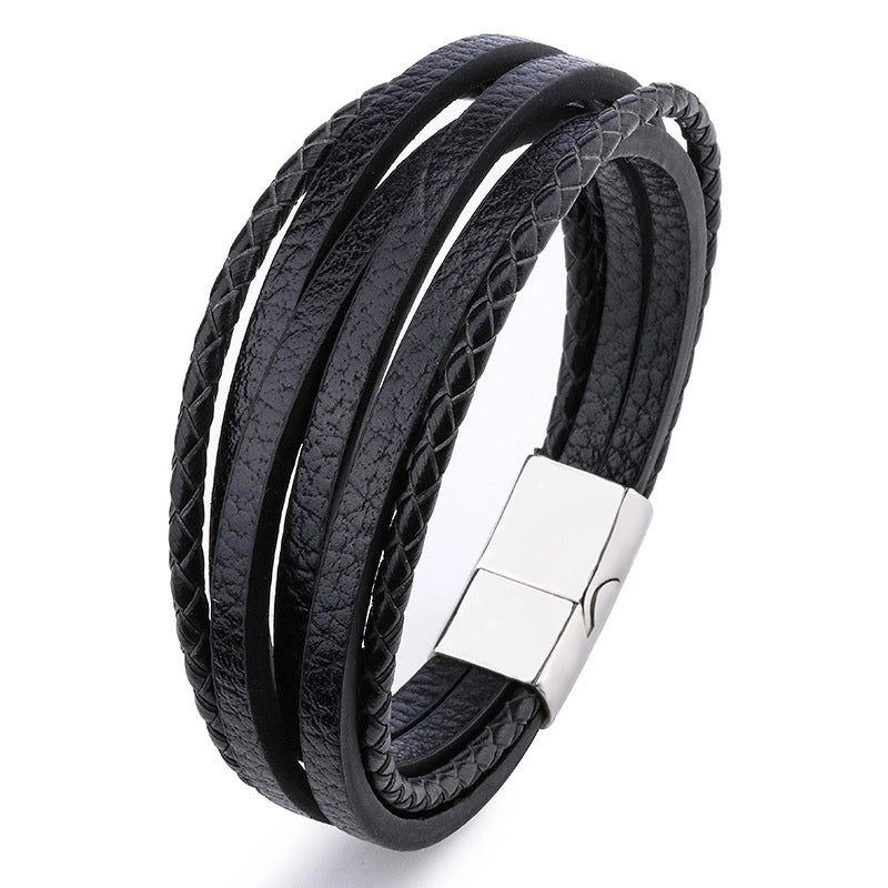 Retro Minimalist Solid Color Pu Leather Alloy Magnetic Buckle Layered Plating Men’s Bracelets Men Cord & Leather Bracelets