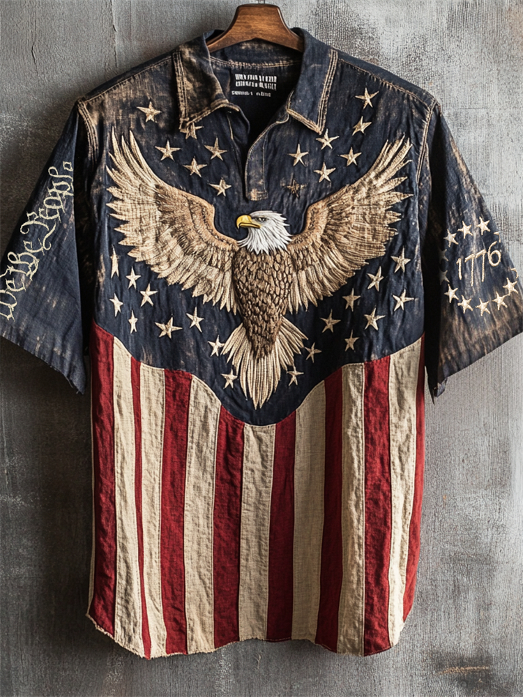 Independence Day We The People Vintage Eagle Embroidered Linen Shirt wearshes