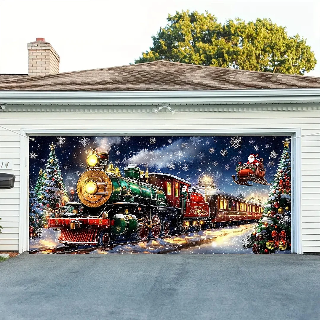 Garage Door Banner Decoration - Winter Wonderland Express A Magical Christmas Train with Santa