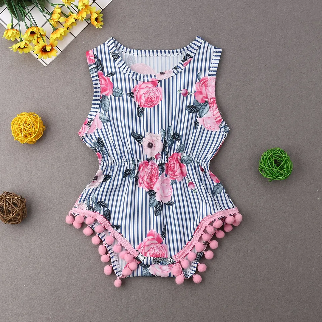 2019 Brand New Newborn Infant Kids Baby Girls Romper Sleeveless Tassel Ball Striped Floral Print Elastic Waist Jumpsuits Summer