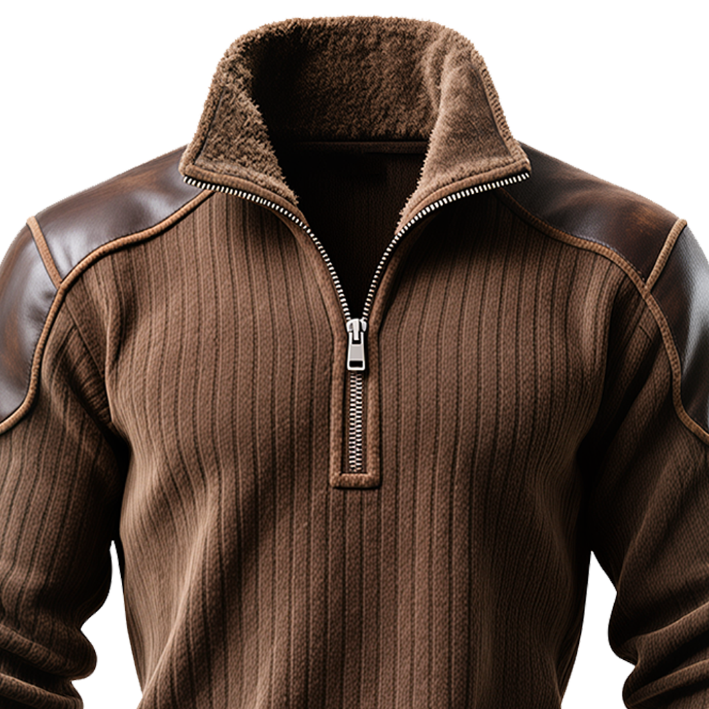 Men's Vintage Brown Ribbed Sweatshirt With Leather Accents And Fleece Collar-inspireuse