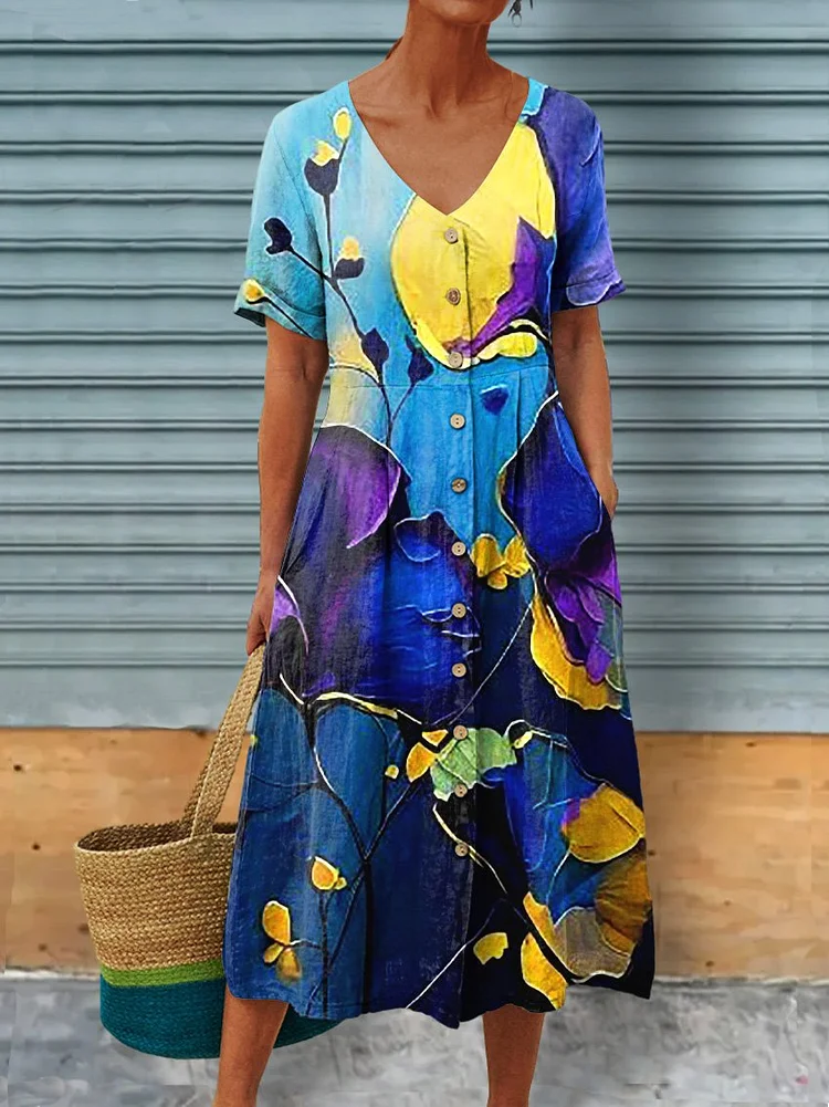 Oil Painting Abstract Phalaenopsis Floral Art Printed Women's Linen Pocket Tunic Dress