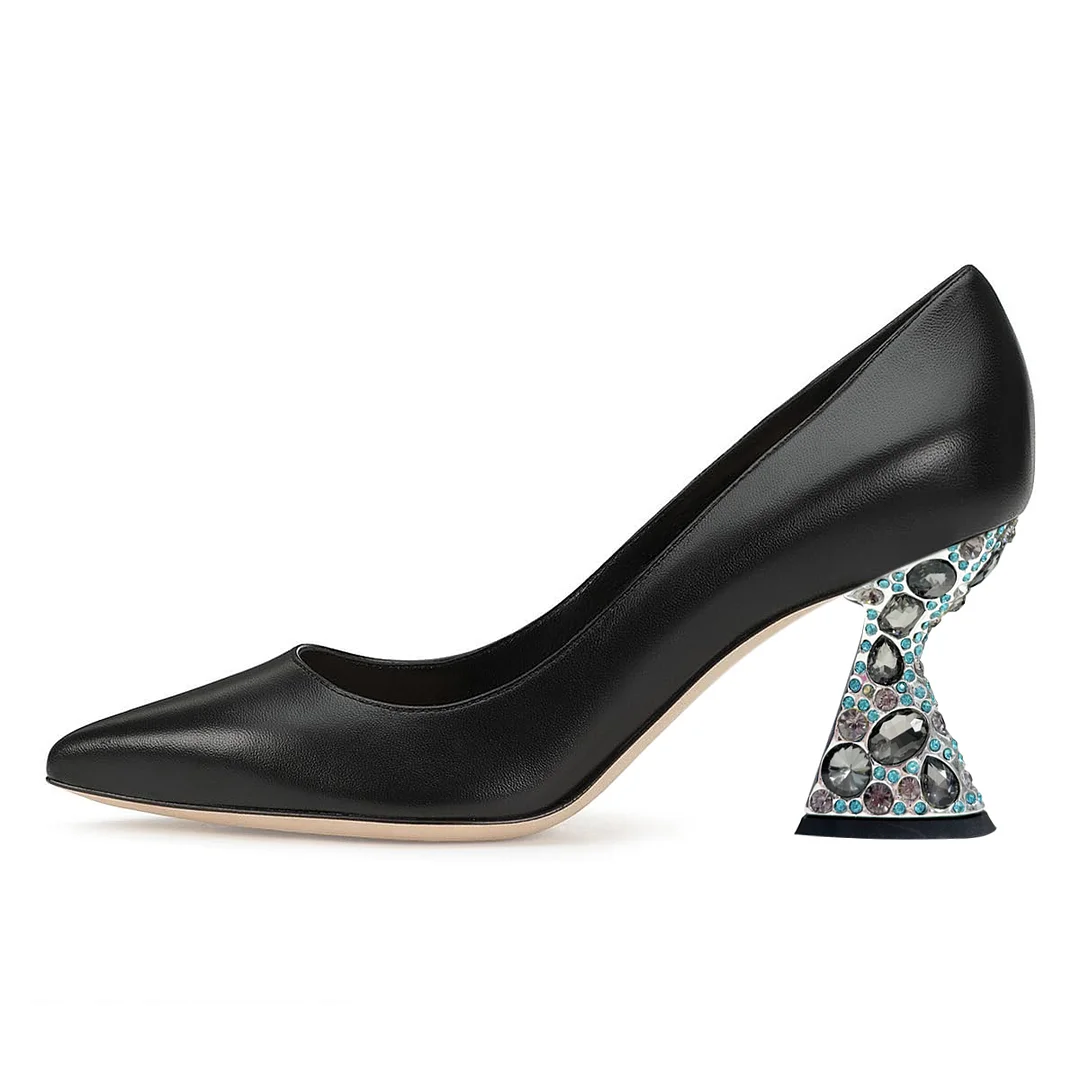 Women's Rhinestone Sculptural Heel Pointed Toe Dressy Black Pumps