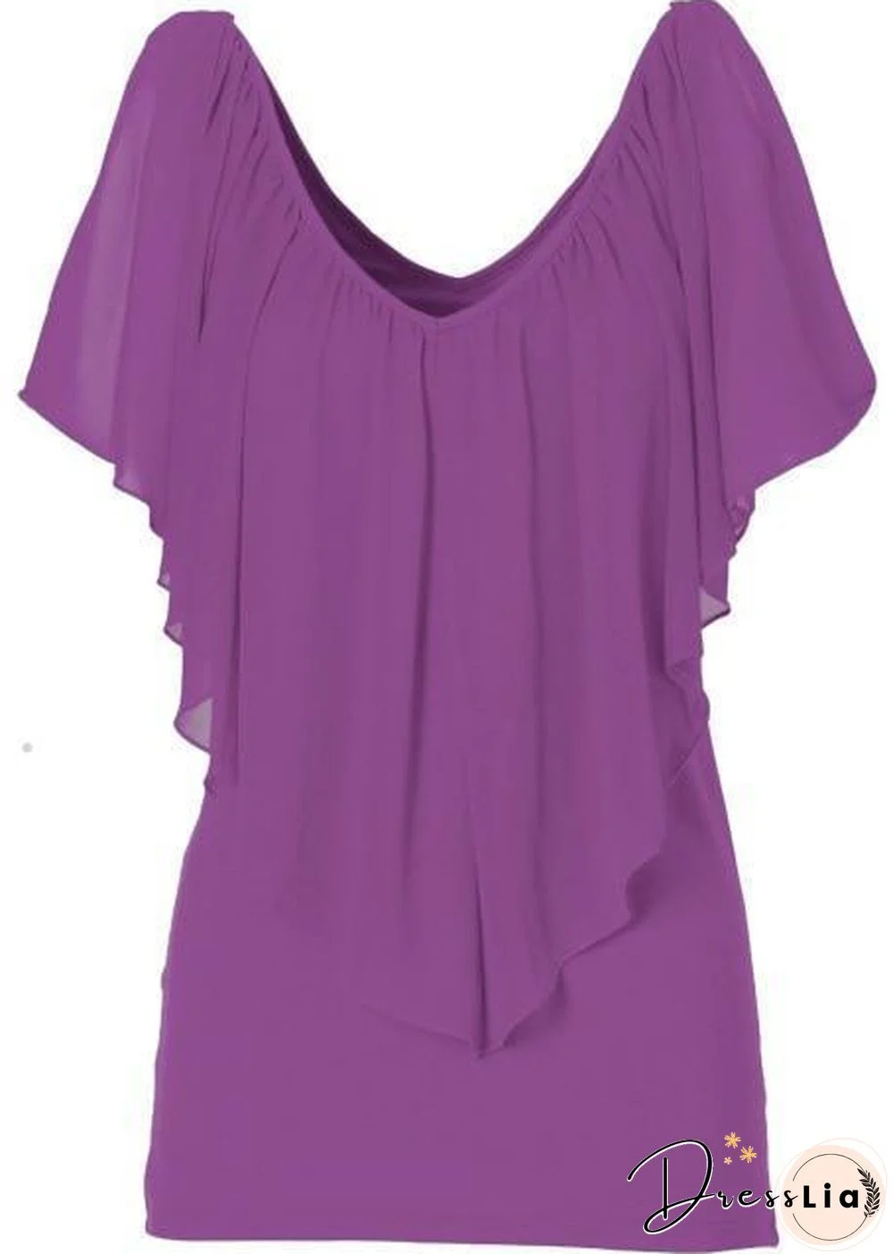 Women Sexy V Neck Cold Shoulder Ruffle Chiffon Solid Pleated Tops Plus Size Blouse Shirt