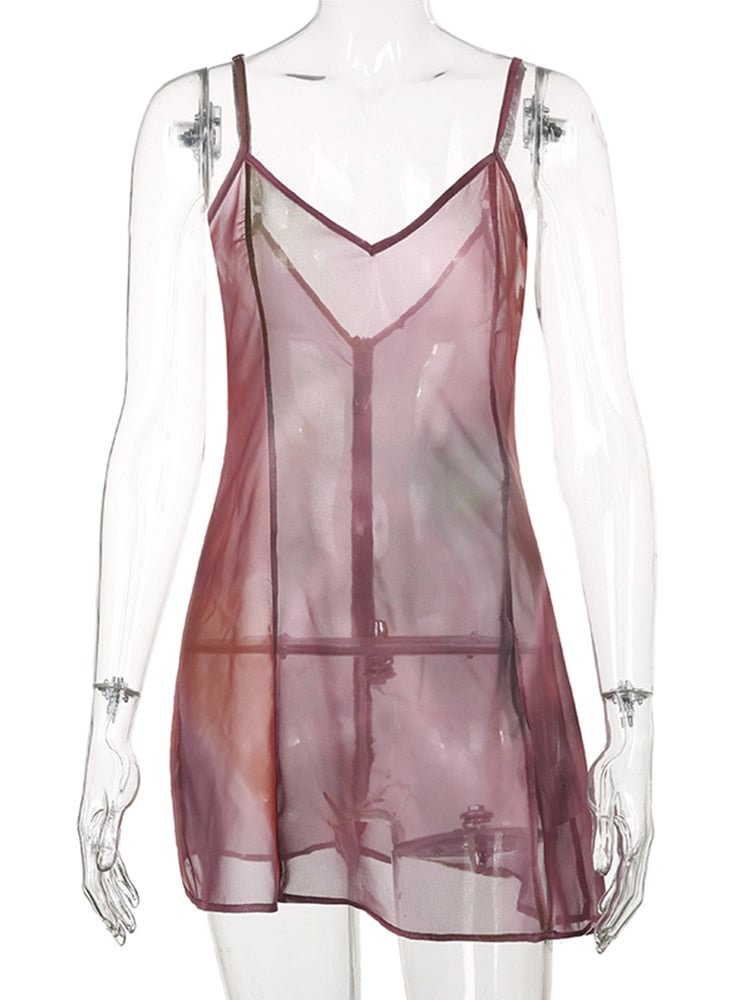 Sweetown Gradient Print Fairycore Grunge Chiffon Slip Dresses Women Aesthetic Vintage Sleeveless VNeck Split Sexy Y2K Mini Dress