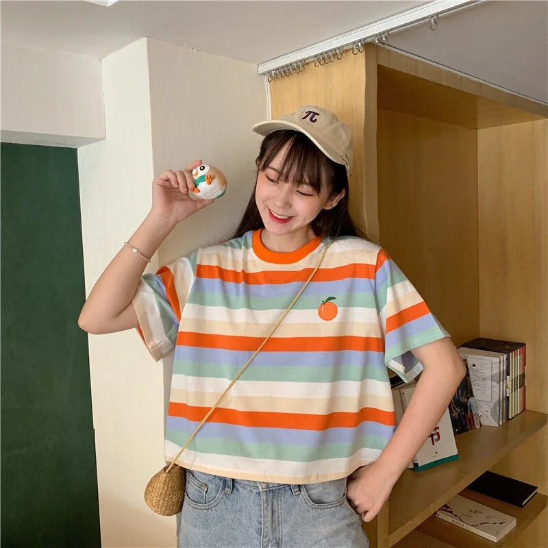 T-shirts womens cute harajuku rainbow Striped oversize tops lovely preppy style plus size women