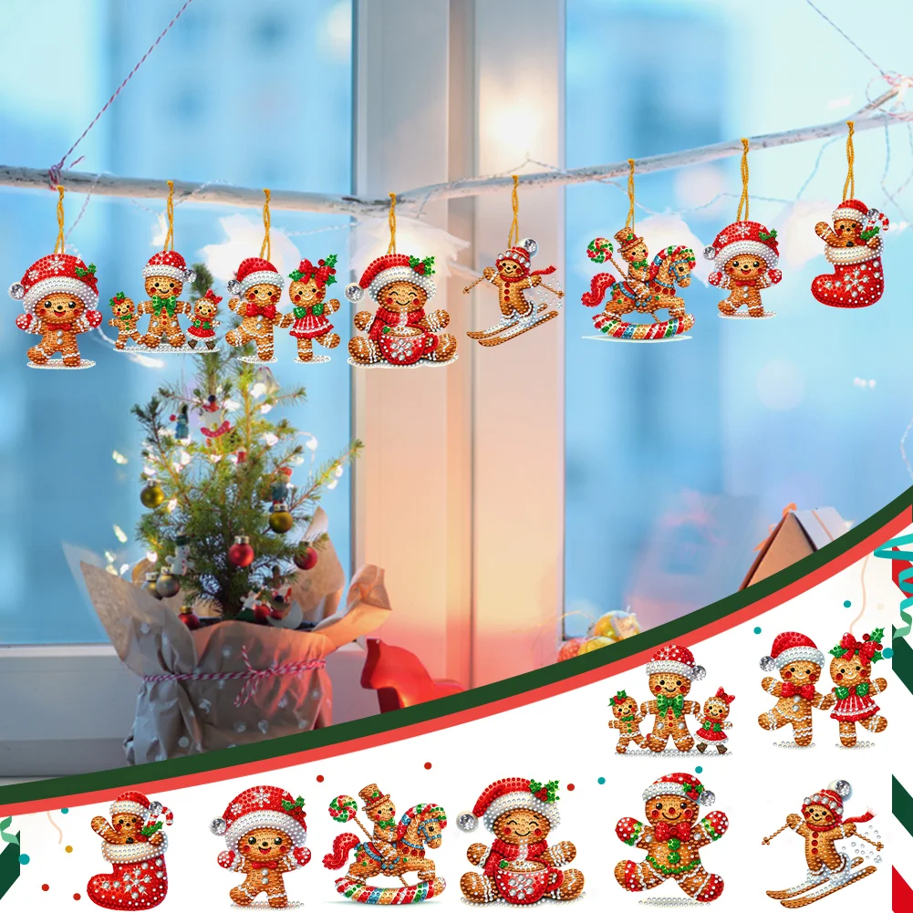 8Pcs DIY Christmas Gingerbread Man Acrylic Special Shaped Christmas Theme Diamond Painting Hanging Decorations
