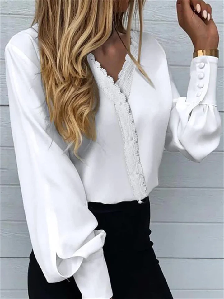 Explosive Women's V-neck Long-sleeved Printed Lace Lace Cardigan Splicing Straight Type Temperament Commuter Urban Style Shirt