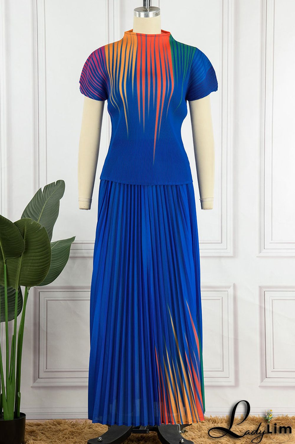 Apricot Casual Elegant Gradual Change Print Patchwork Fold O Neck Short Sleeve Two Pieces