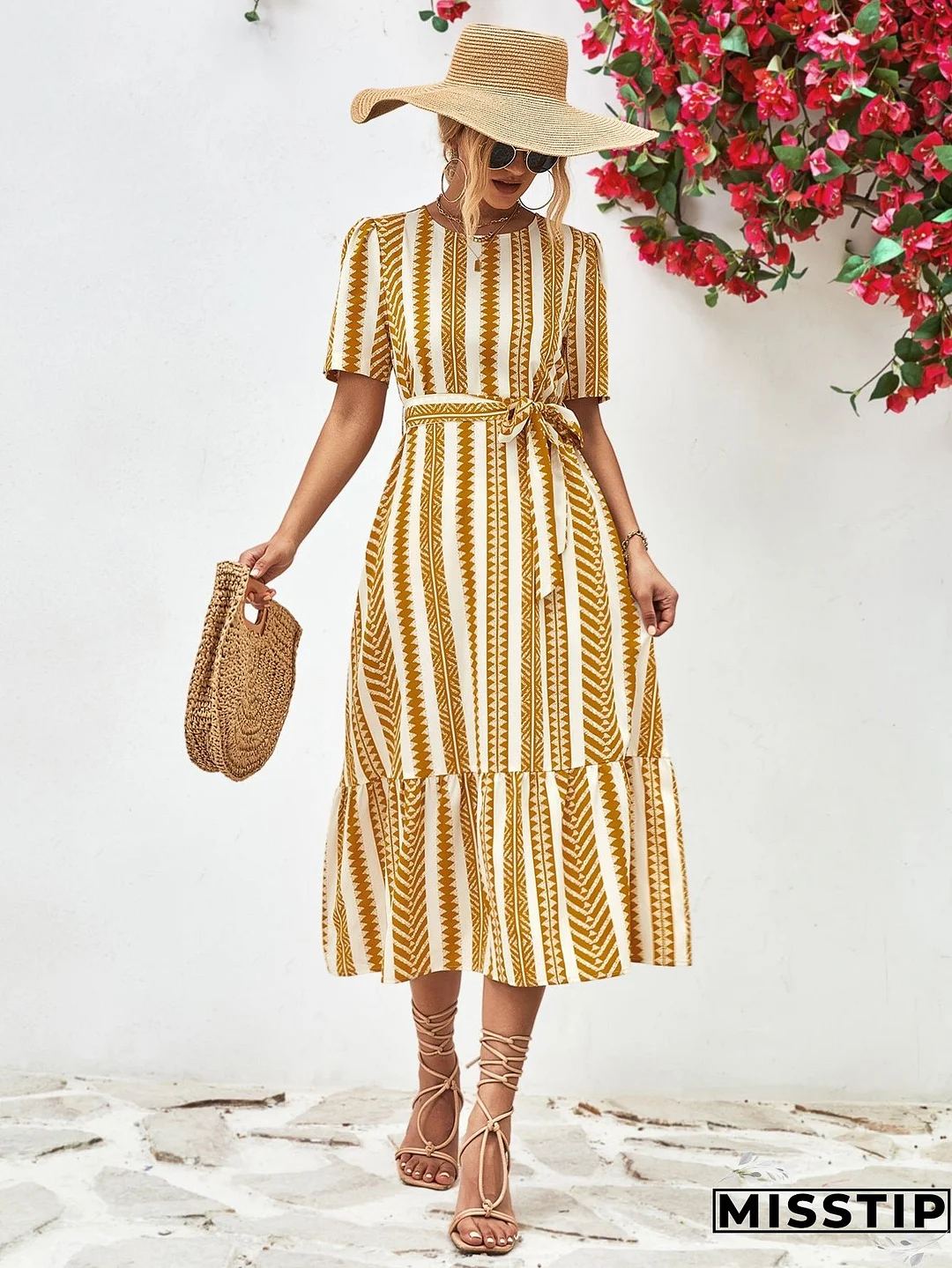 Striped Tie Belt Round Neck Puff Sleeve Dress