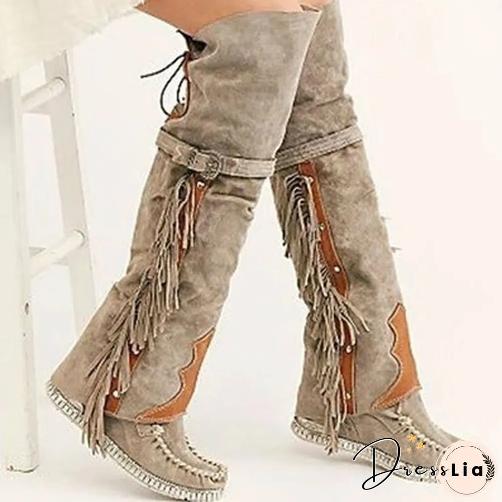 Winter Women Faux Suede Tassel Boots Fashion Ethnic Fringe Boho Long Boots Flat Heel Knee High Boots