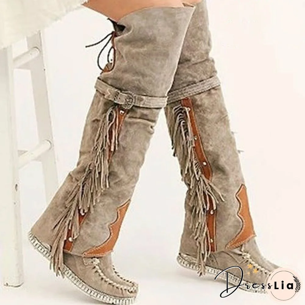Winter Women Faux Suede Tassel Boots Fashion Ethnic Fringe Boho Long Boots Flat Heel Knee High Boots