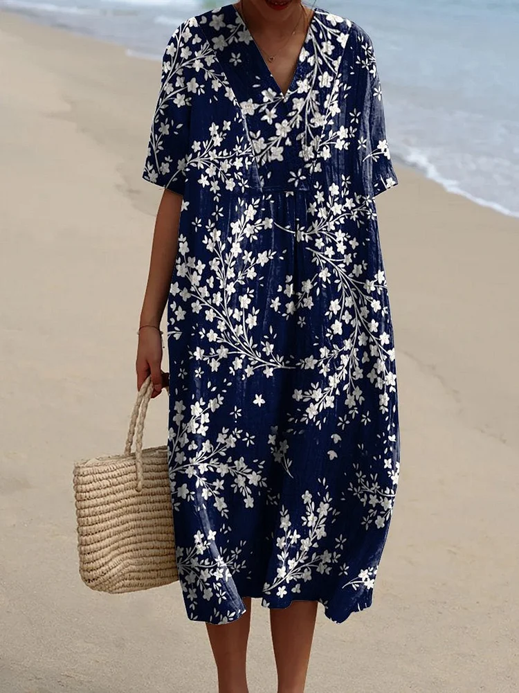 Women's Navy Blue Background and White Background Print Pocket Linen Dress