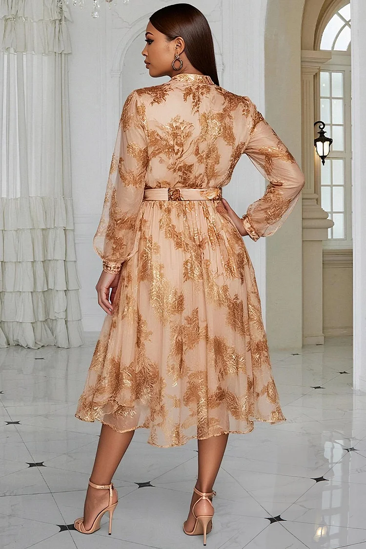 Xpluswear Design Plus Size Wedding Guest Champagne Wrap Neck Long Sleeve Wrap Elegant Tulle Midi Dresses [Pre-Order]