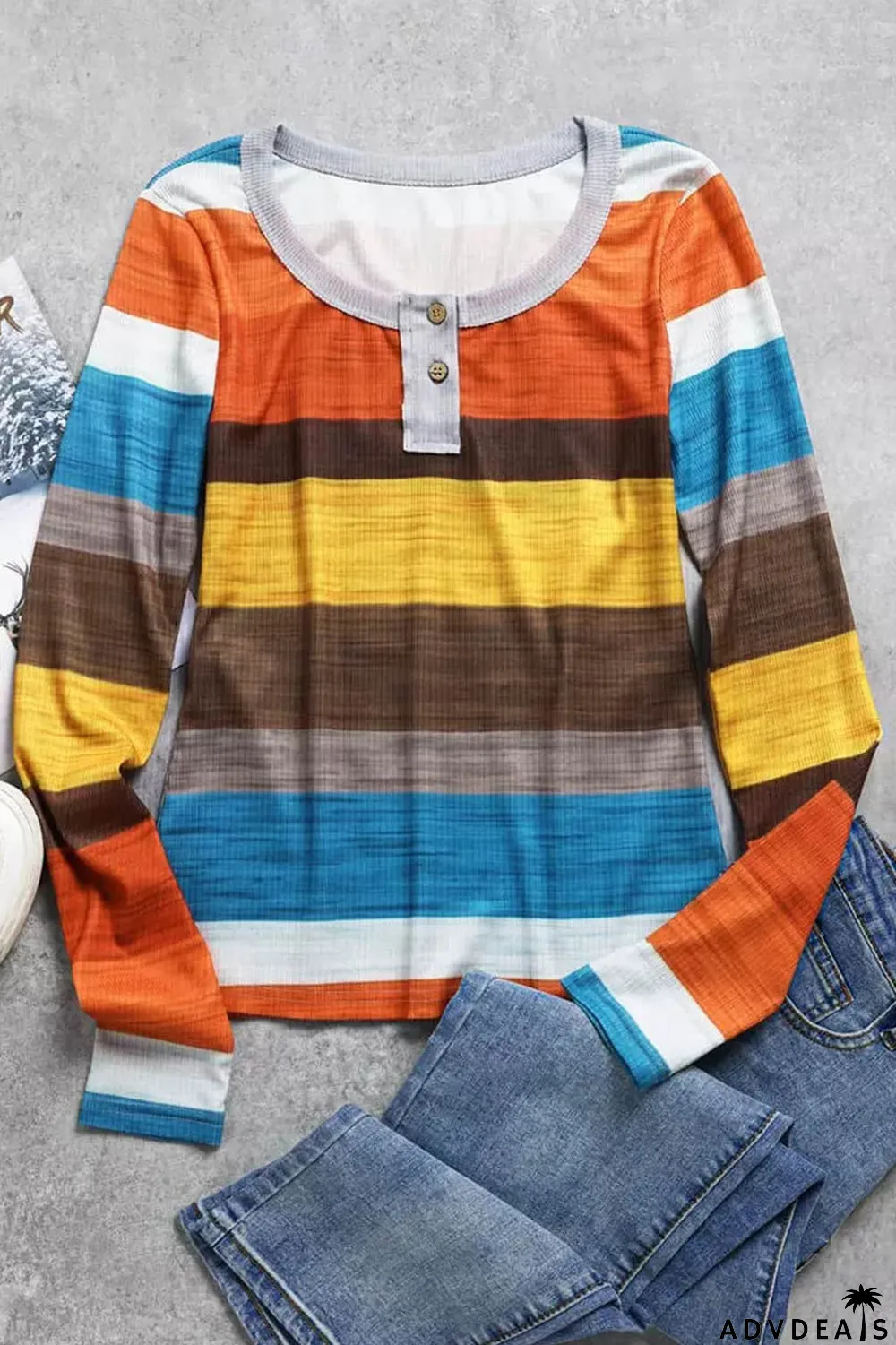 Stripe Multicolor Knit Button Notched Neck Top