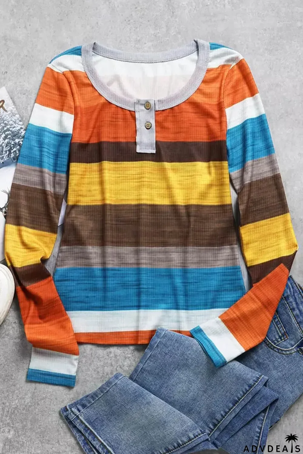 Stripe Multicolor Knit Button Notched Neck Top
