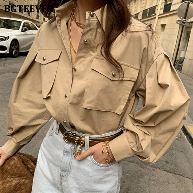 BGTEEVER Chic Elegant Loose Single-breasted Shirts for Women 2020 Autumn New Fashion Full Sleeve Pockets Female Blouse Tops