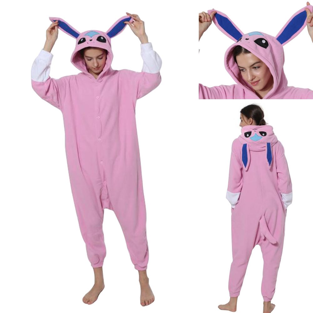 Pokemon Pink Glaceon Eevee Kigurumi Onesie Hoodie Costume Pajamas Sylveon Eevee Pajamas-Pajamasbuy