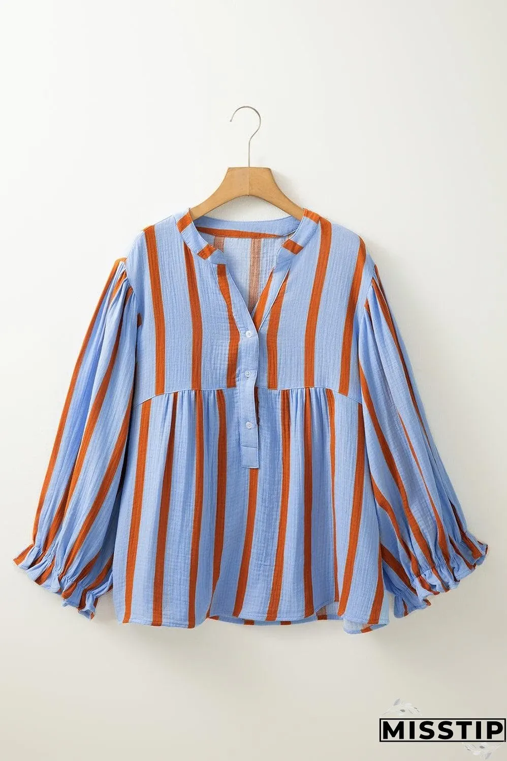 Sky Blue Stripe Crinckled Ruffled Sleeve Button up Loose Shirt
