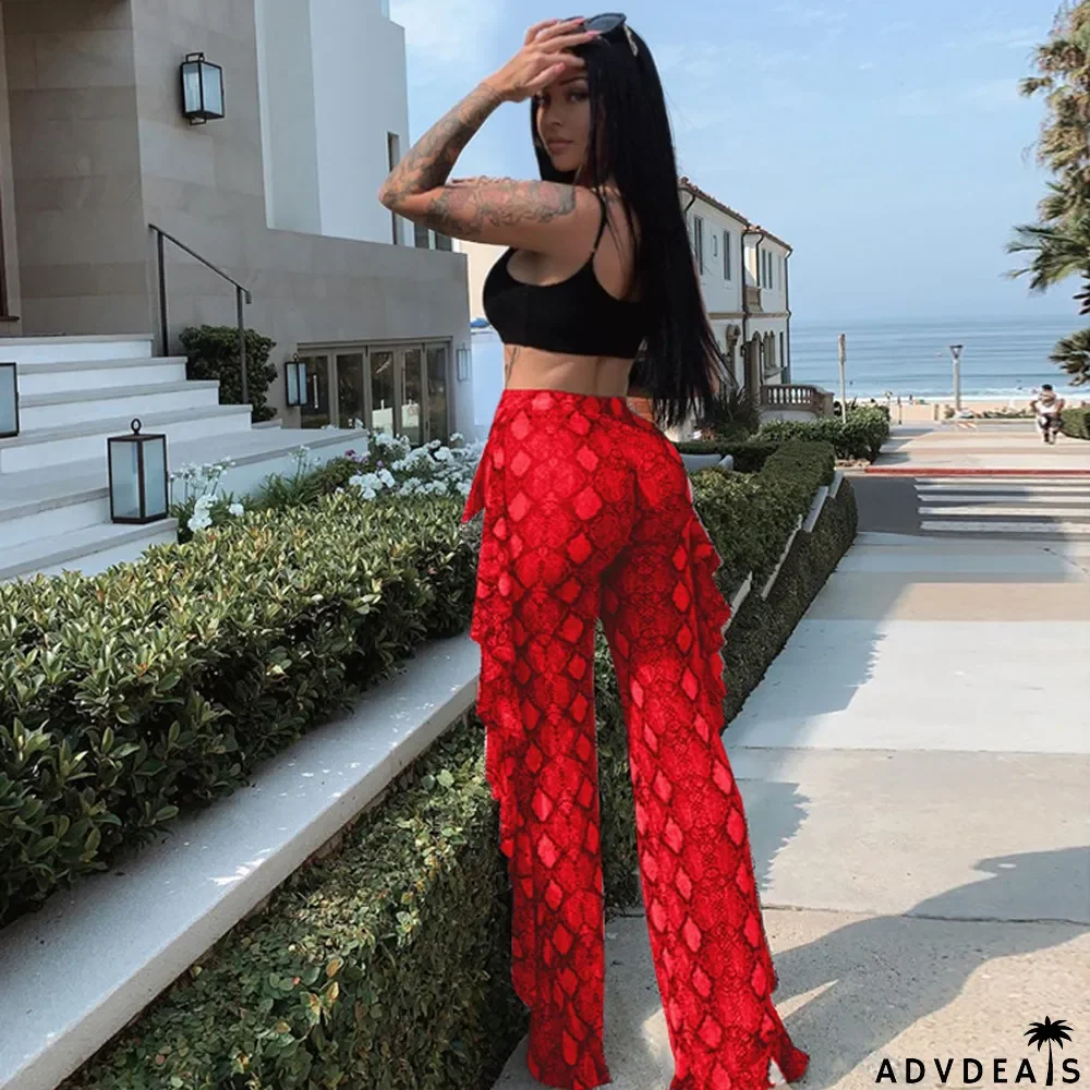 Snake Skin Print Ruffled High Waist Pants