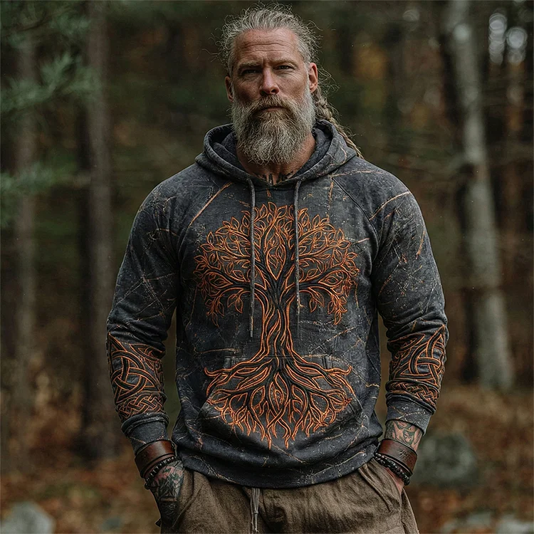 Men's Viking Tribal Jacquard Rust With Tree Of Life Inspired Art Casual Hoodie