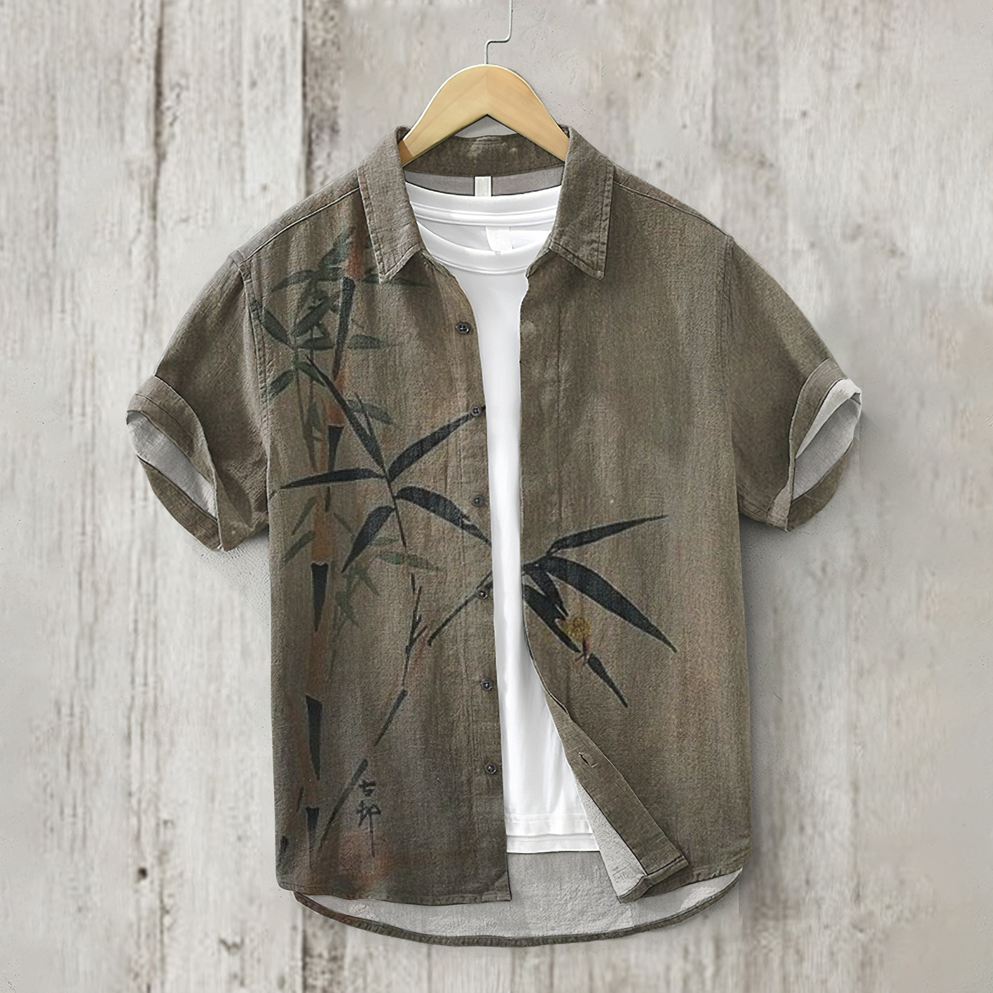 menweary Vintage Bamboo Japanese Art Short Sleeve Linen Blend Shirt