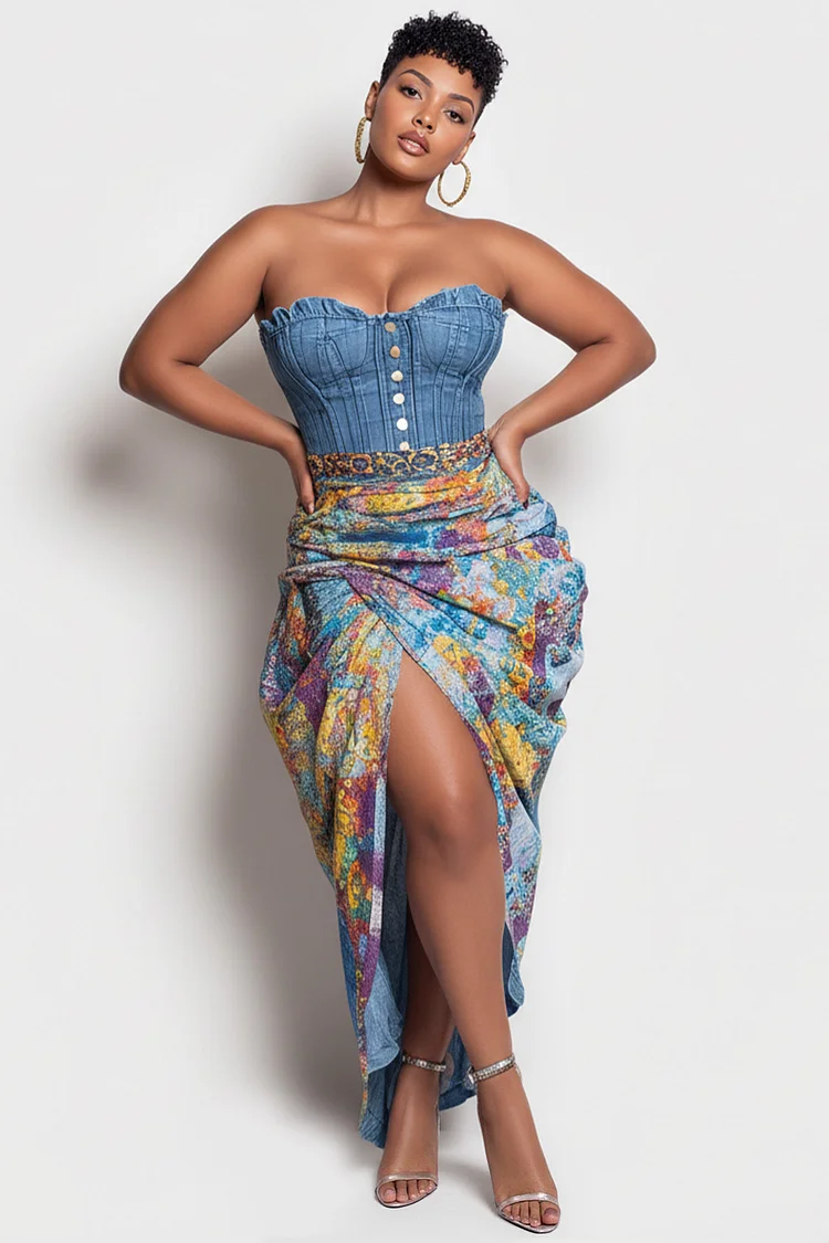 Xpluswear Design Plus Size Party Light Blue Graphic Split Fold Denim Midi Dresses [Pre-Order] 2024 - Xpluswear