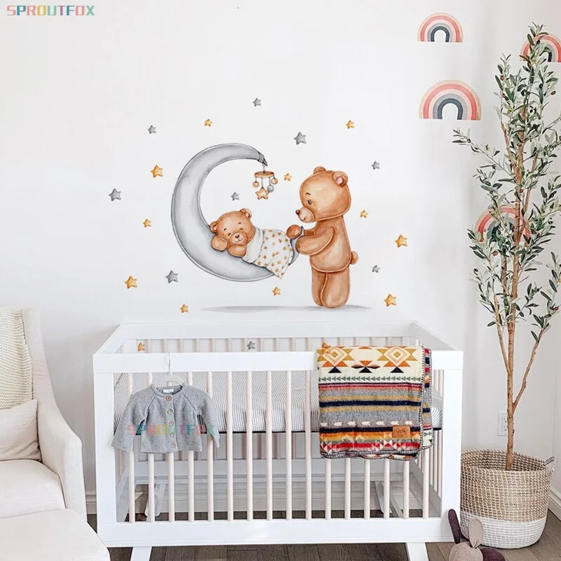 Baby Bear Good Night Wall Stickers For Kids Rooms Children's Room Animal Decorative Sticker Children Wall Stickers Child Vinyl