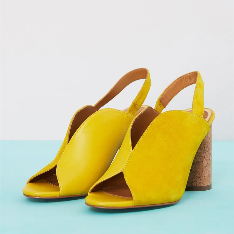 Yellow Peep Toe Chunky Heel Slingback Pumps in Joint Style Vdcoo