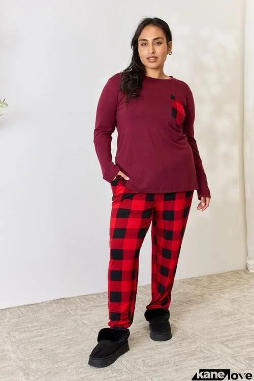 Zenana Full Size Plaid Round Neck Top and Pants Pajama Set