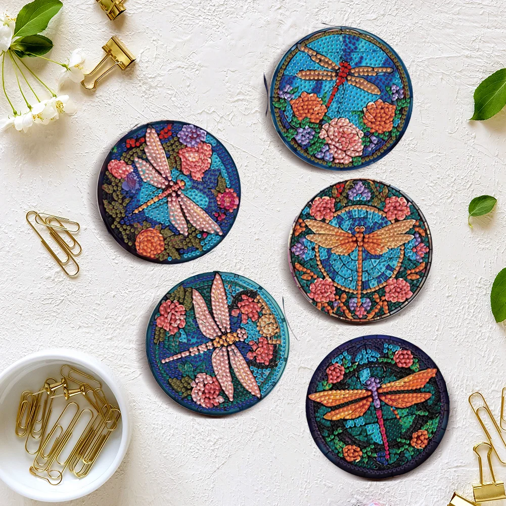 8pcs Dragonfly DIY Diamond Painting Coasters Kits with Holder Wooden Coaster