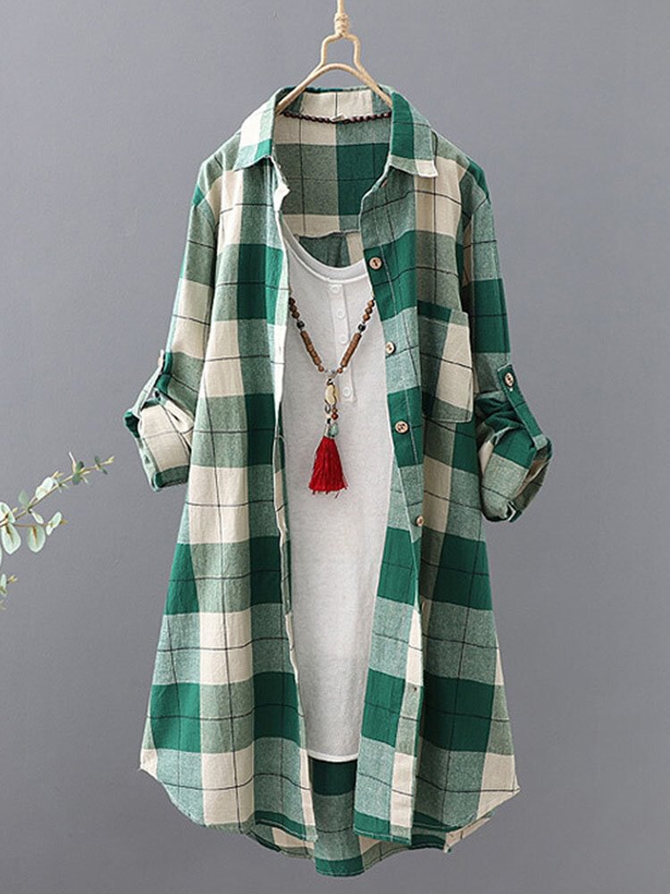 Plaid Print Pocket Button Long Sleeve Lapel Women Blouse P1858649