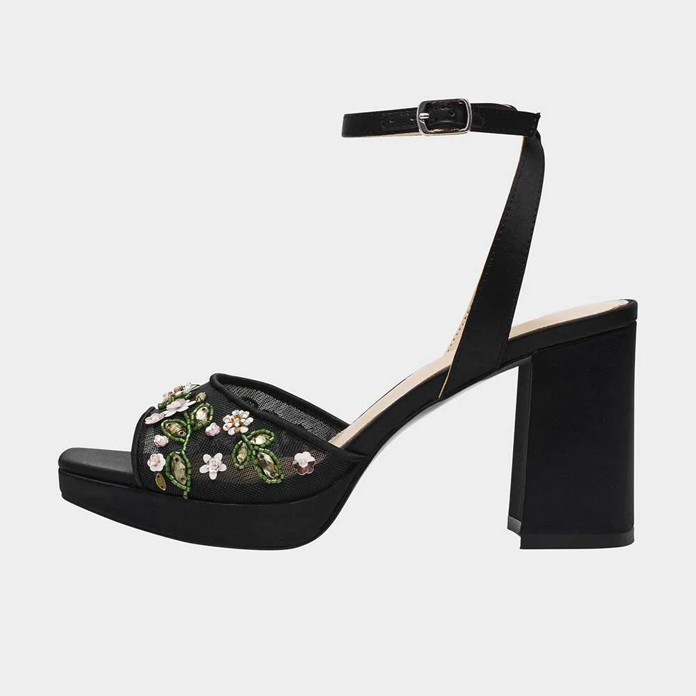 Black Square Toe Platform Floral Detail Ankle Strap Women Sandals