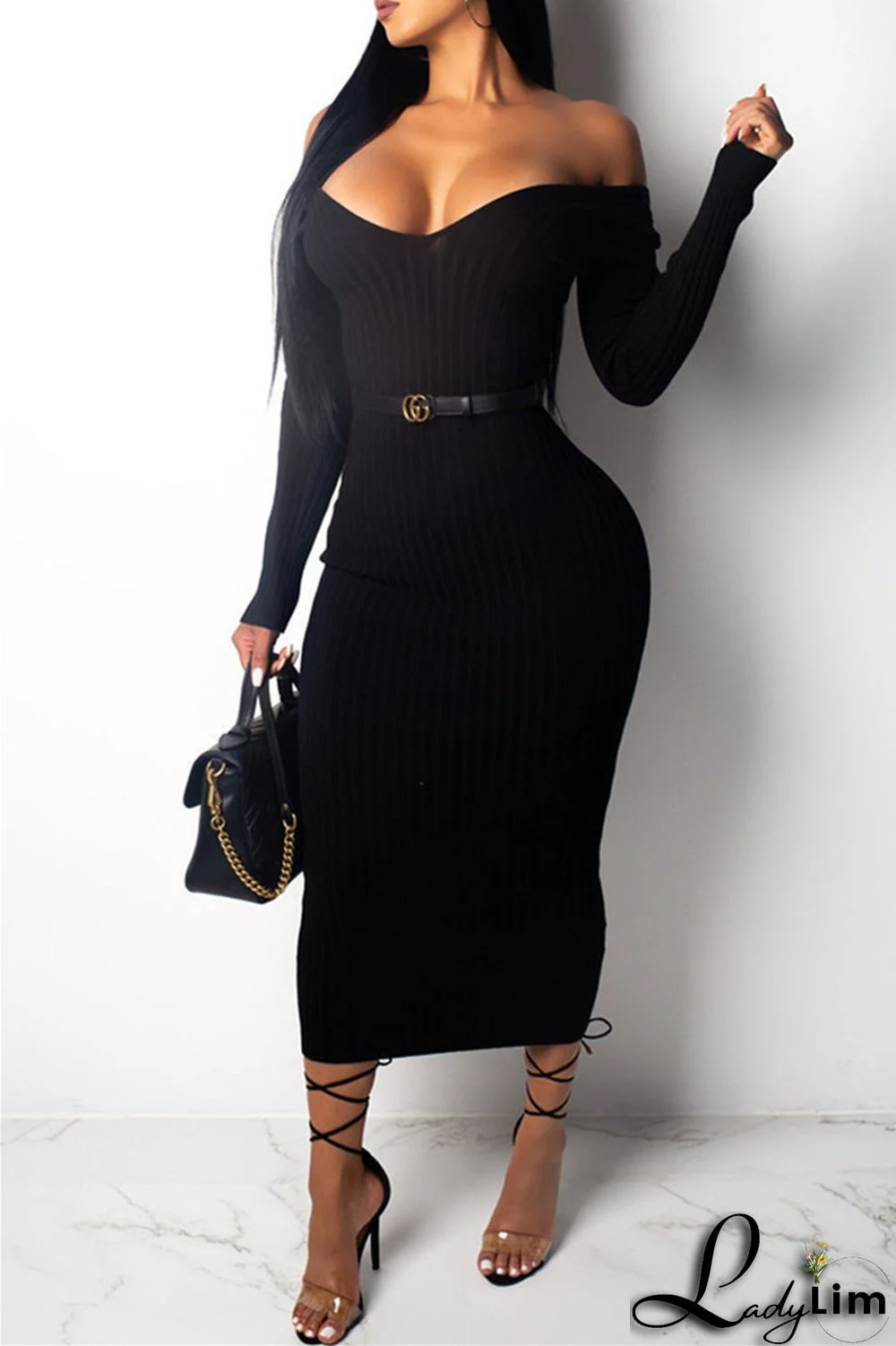 Black Fashion Casual Solid Basic V Neck Long Sleeve Dresses