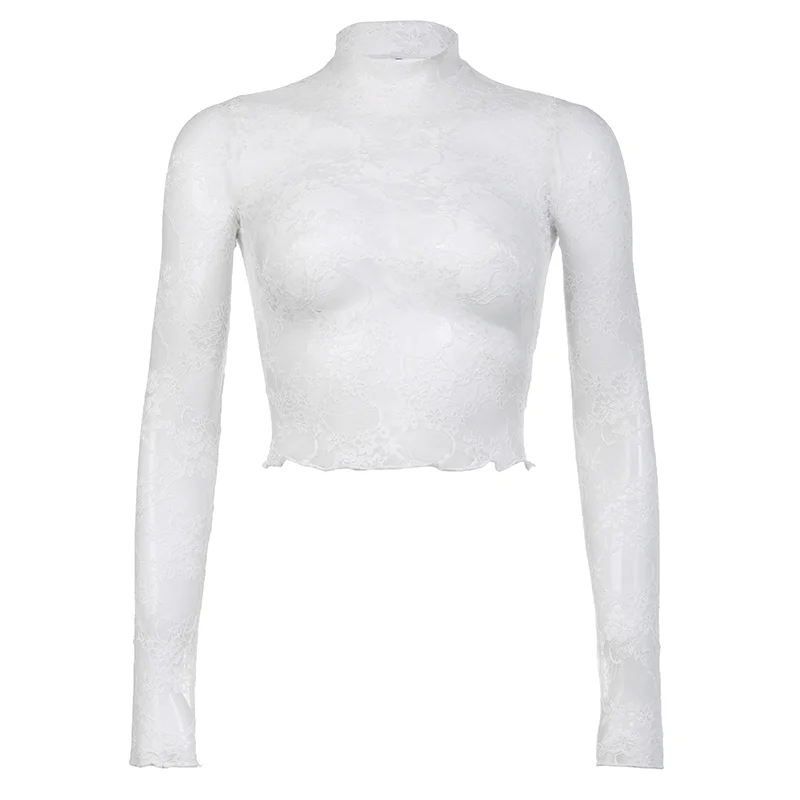 Huibahe White Lace Crop Top Turtleneck Full Sleeev See Through T Shirt Women Vintage Fairycore French Tee Smock Tops Chic New 2023