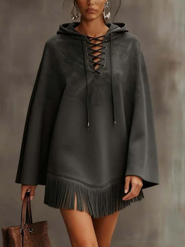 Hooded Charcoal Gray Faux Suede Mini Dress With Tassels