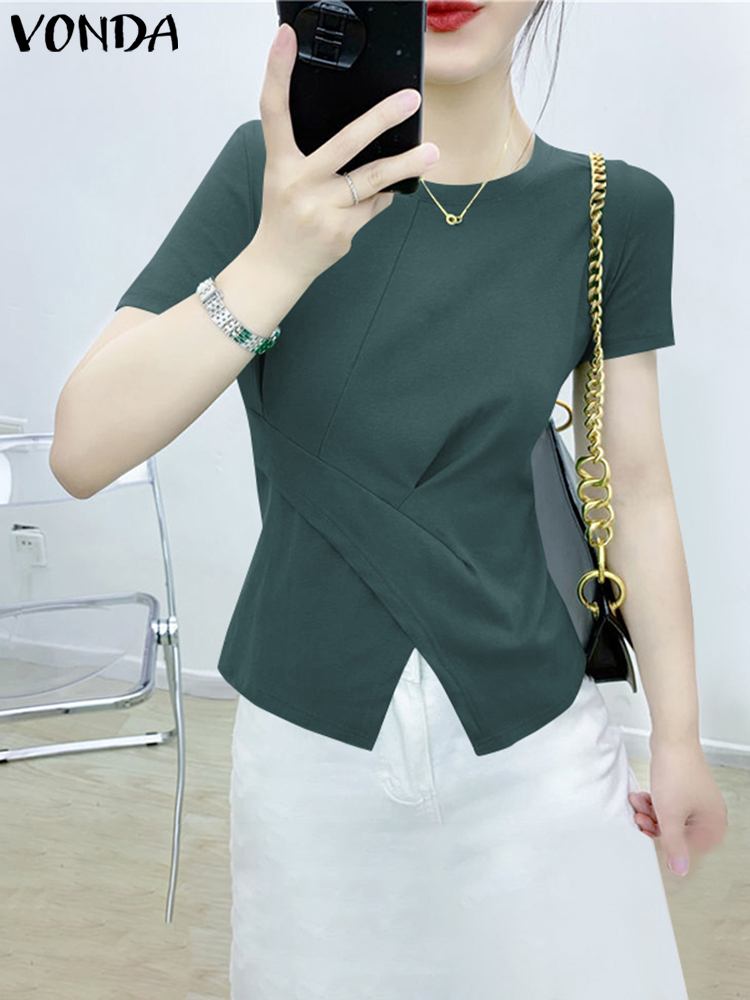 VONDA Tops Women Blouse 2024 Summer Short Sleeve Pleated Basic Shirts Elegant Tunic Solid Color Split Blusas Femininas