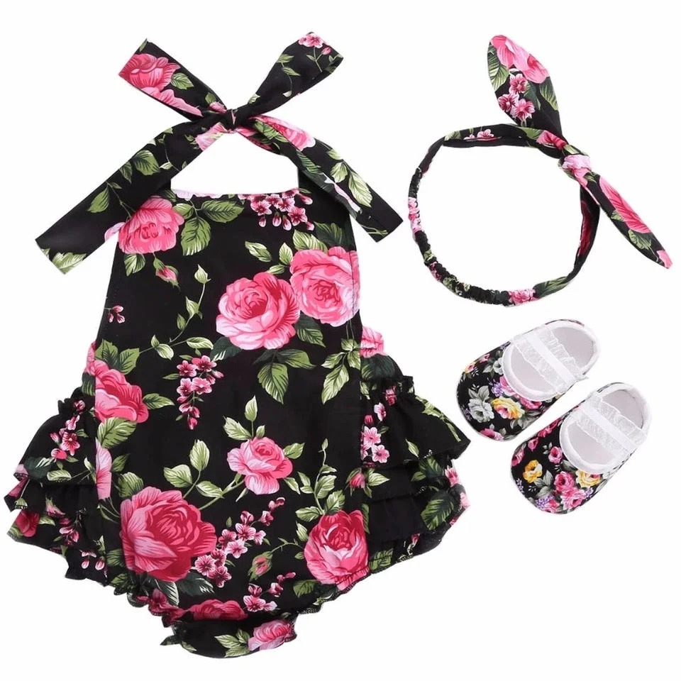Summer Baby Girls Floral Print Rosette Novelty Romper Clothes