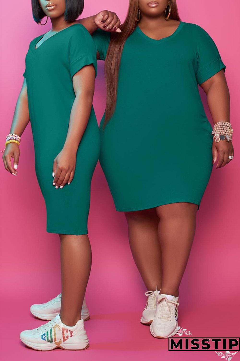 Red Fashion Casual Plus Size Solid Basic V Neck Short Sleeve Dress