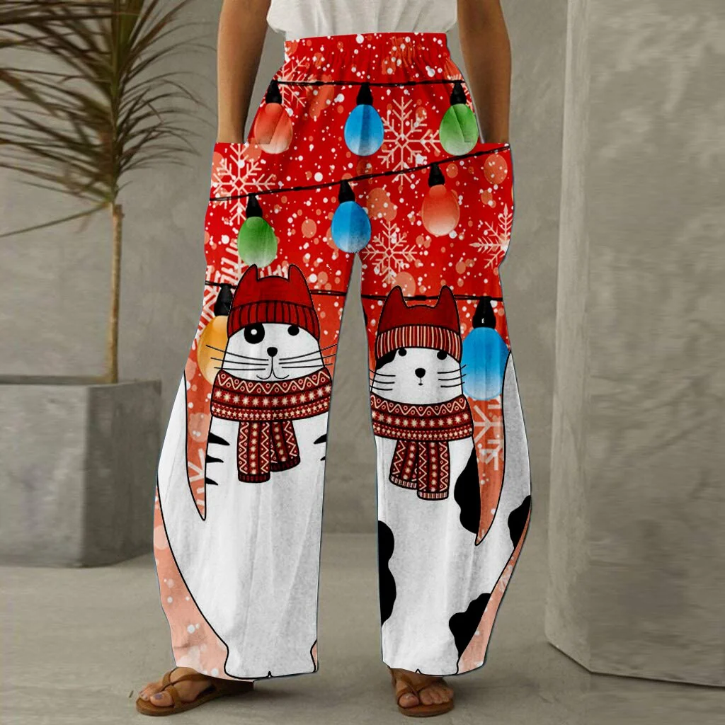 Womens Classic Red Christmas Cat Print Pants