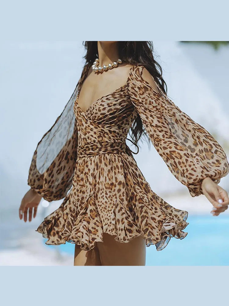 Aiertu Sexy Backless Bandage Women Leopard Print Mini Dress Fashion V-neck Split Lantern Long Sleeve Dresses Female Party A-line Robes Aiertu